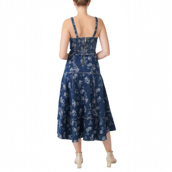 NWT Jewel Badgley Mischka Rose Print High Low Denim Dress Size 8 Dark Blue - Picture 3 of 15